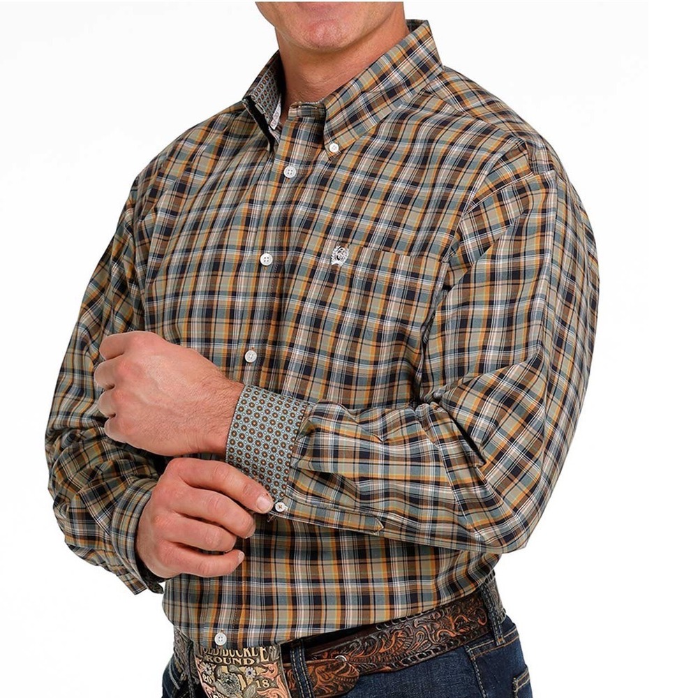 Cinch Mens Plaid Button Down Shirt Classic Fit Brown Navy MTW1105472 Large XL